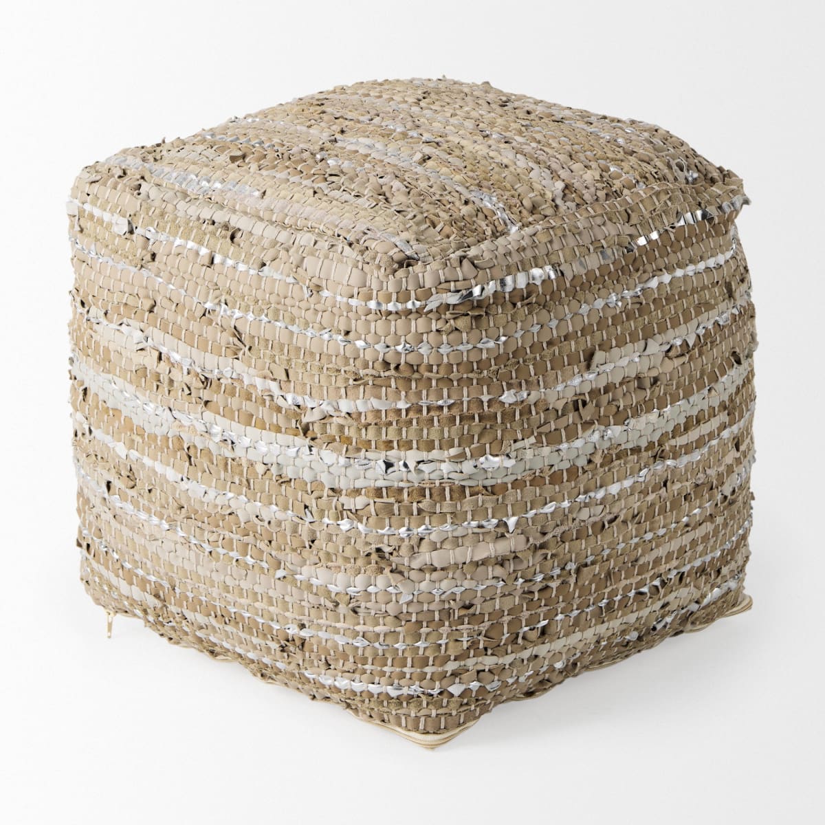 Aadhya Pouf Taupe/Silver Leather & Cotton - poufs