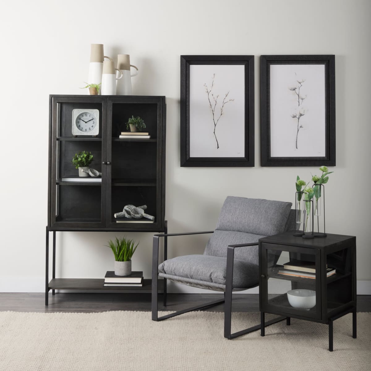 Arelius Cabinet Dark Brown Wood | Black Metal - cabinets