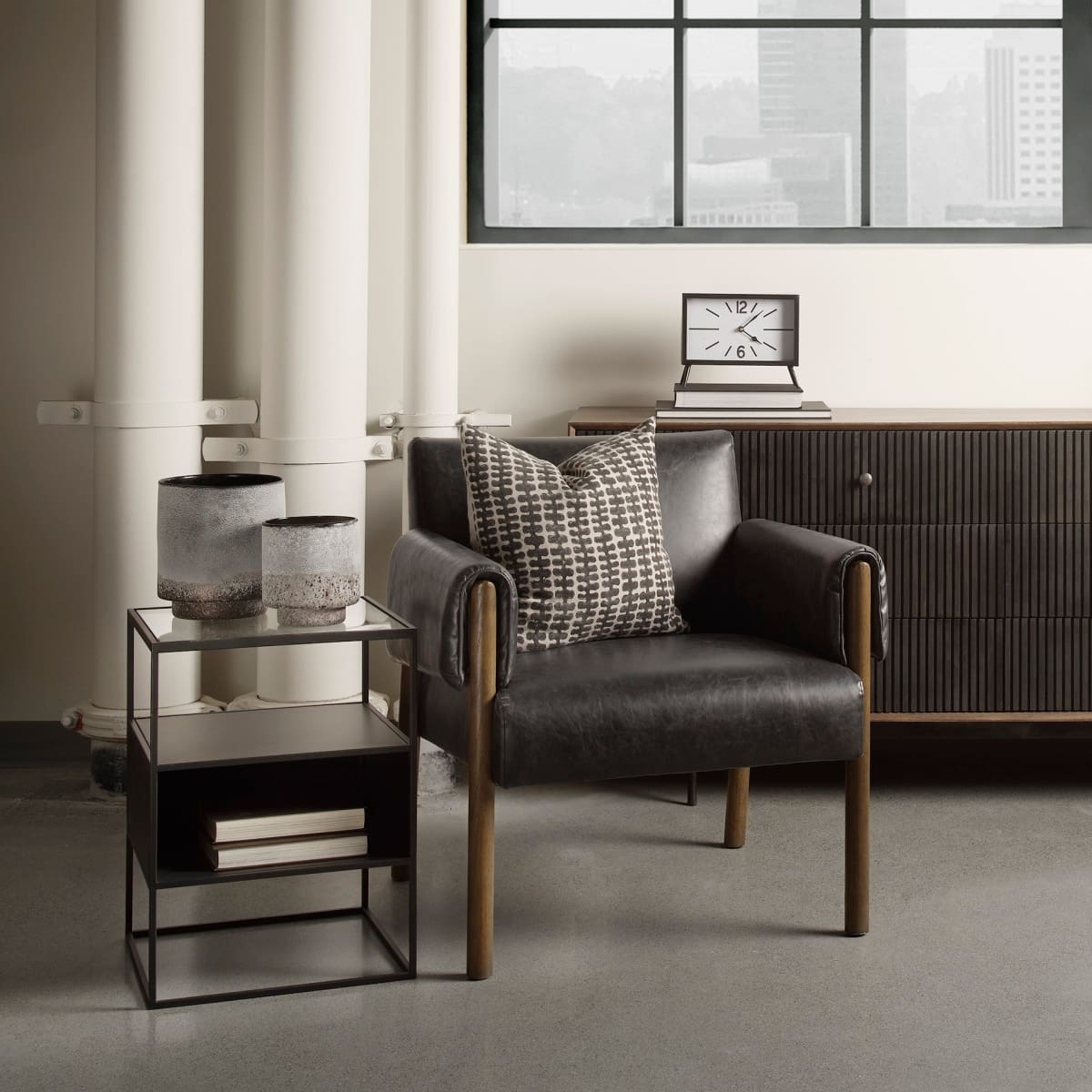 Ashton Accent Chair Black Faux Leather | Dark Brown Wood - accent-chairs