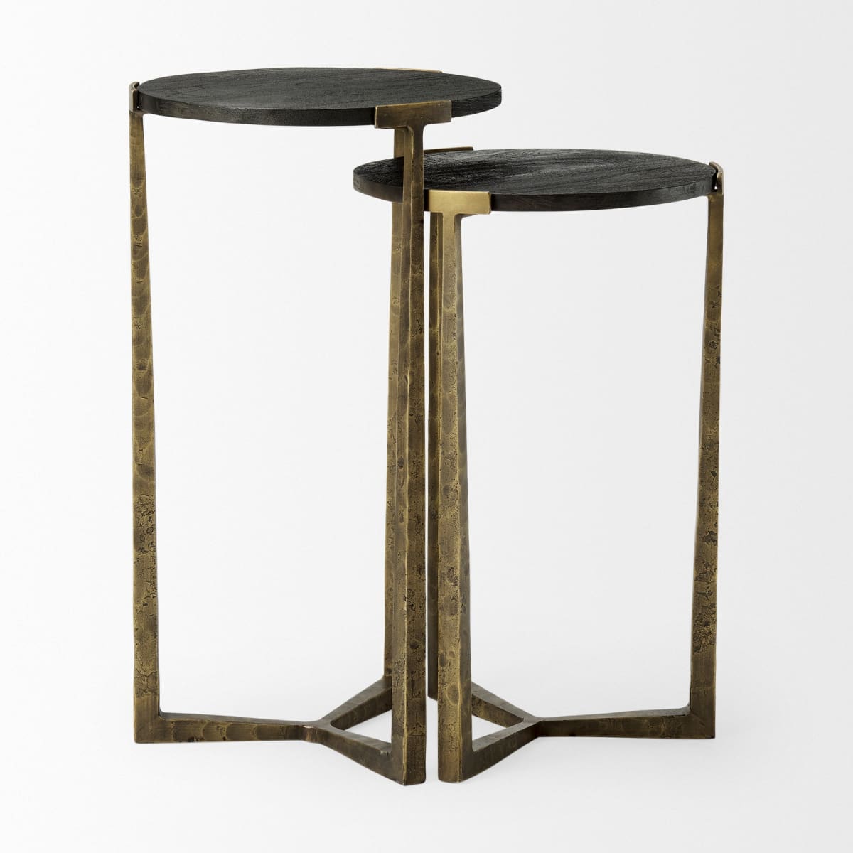 Atticus Accent Table Black Wood | Antiqued Gold Hammered Metal | Set of 2 Nesting - accent-tables