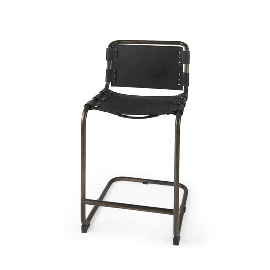 Berbick Leather Seat Bar Counter Stool Black Leather | Gray Metal | Counter - bar-stools