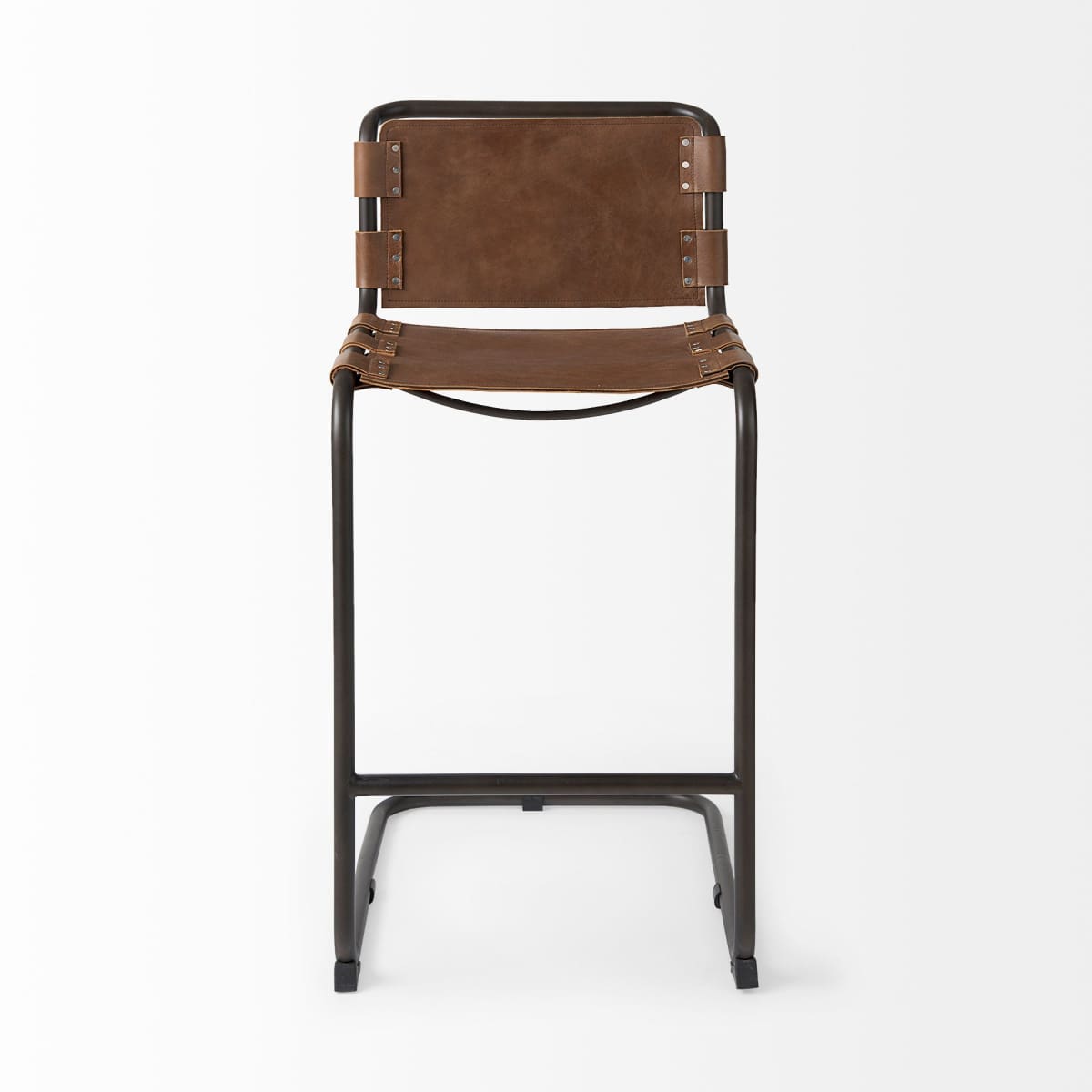 Berbick Leather Seat Bar Counter Stool Brown Leather | Gray Metal | Bar - bar-stools