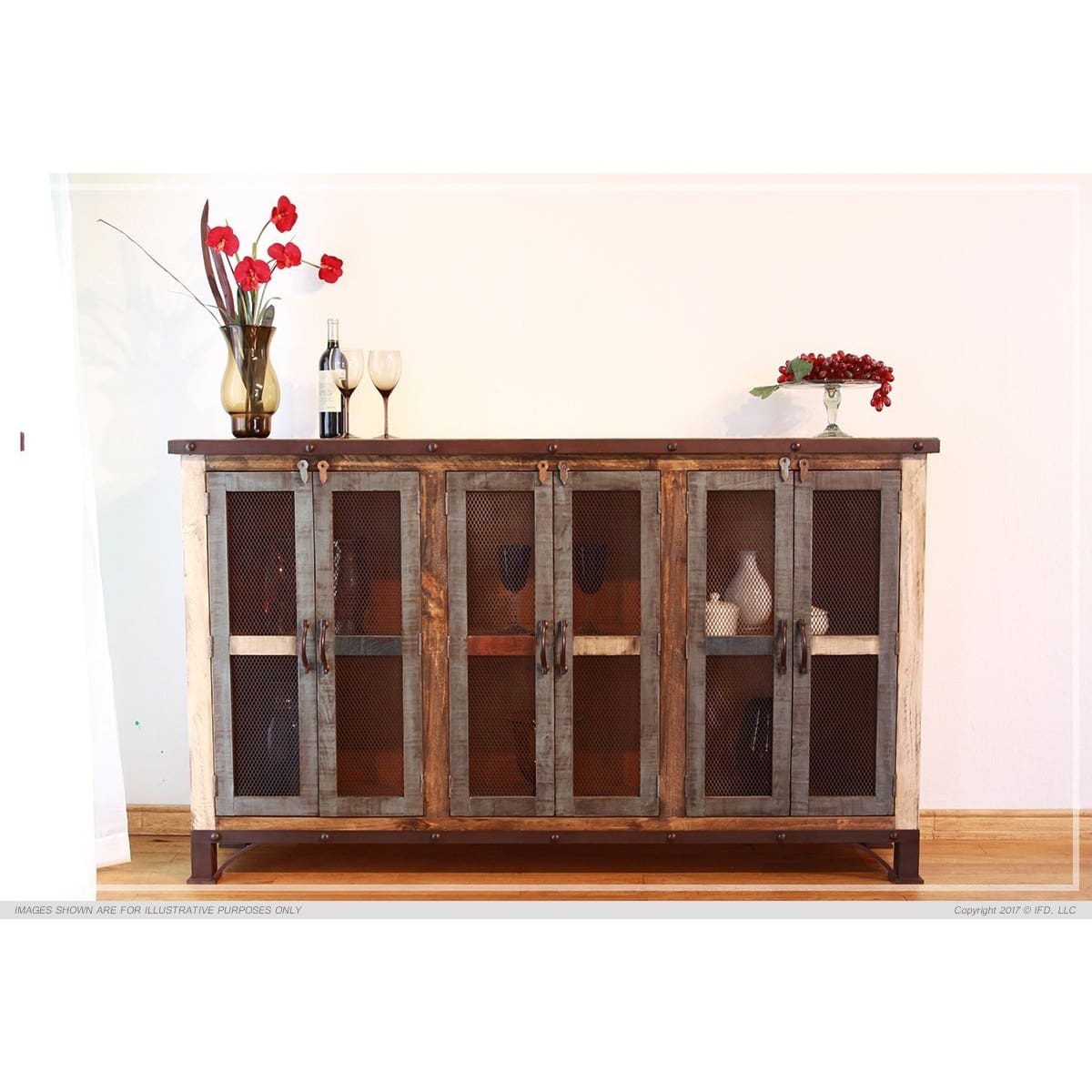 Antique Multicolor 6 Mesh Door Console - 70-3/4 x 15-1/4 x 42-1/4 - accent cabinet