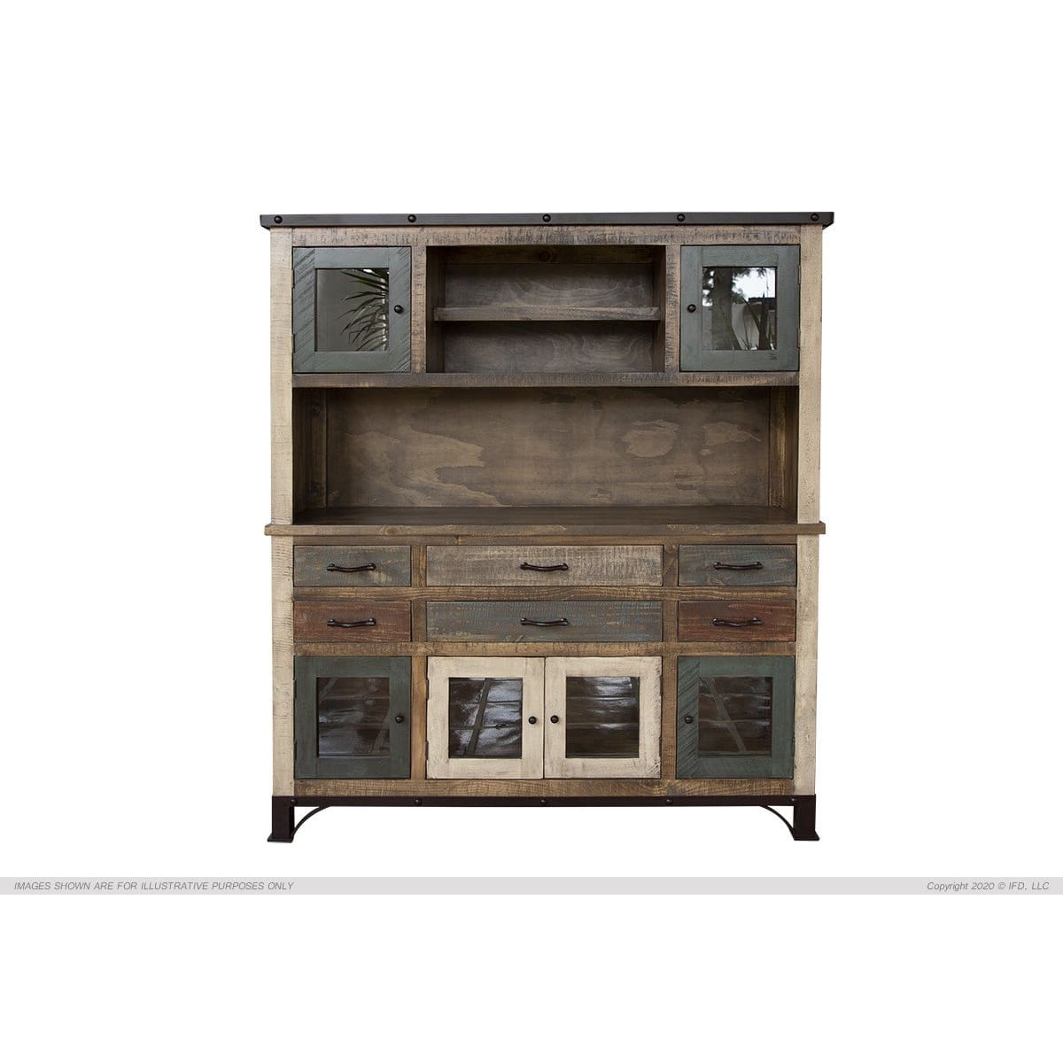 Antique Multicolor Buffet and Hutch - 60-3/4 x 16-1/2 x 70-3/4 - Side Board