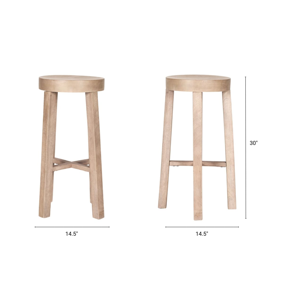 Brahma Wood Seat Bar Counter Stool White Washed Wood | 30H - bar-stools