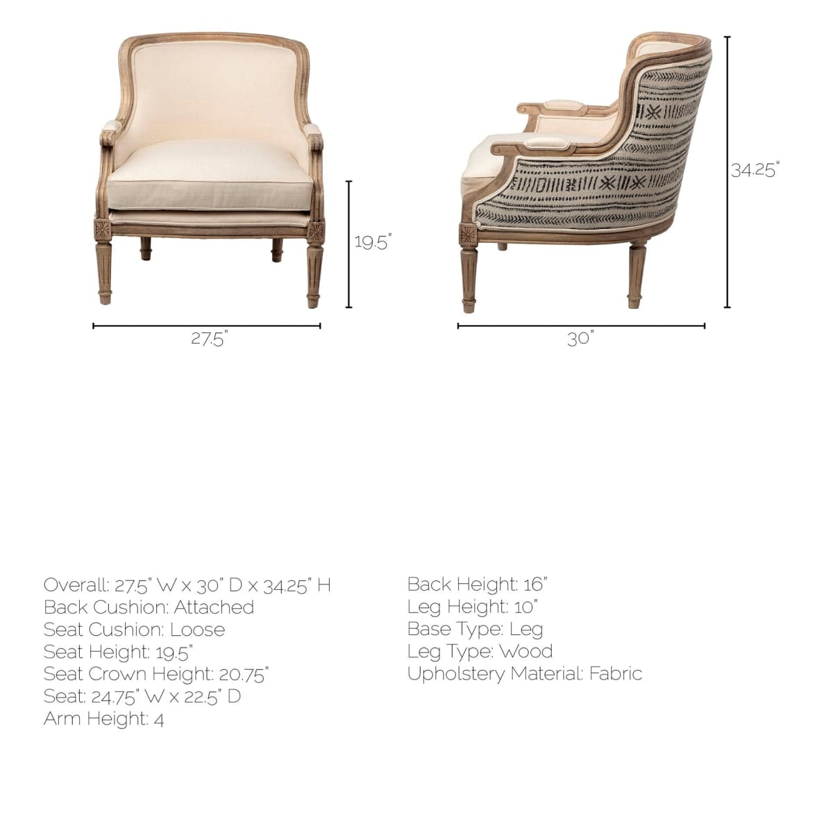 Elizabeth Accent Chair Cream Fabric | Brown Wood - accent-chairs