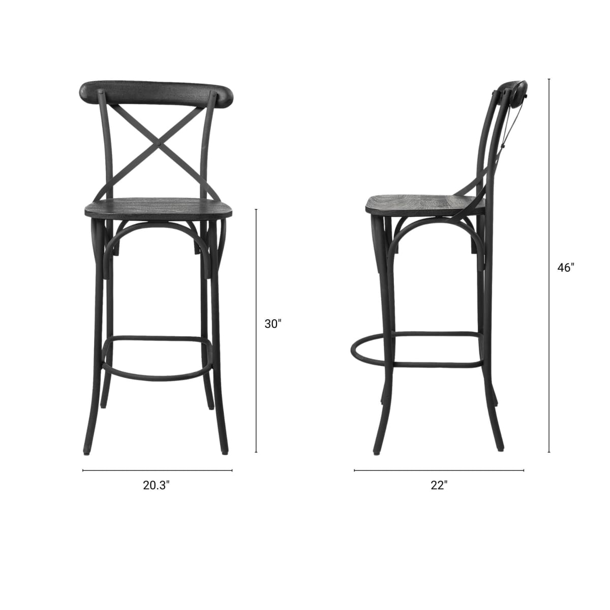 Etienne Wood Seat Bar Counter Stool Black Wood | Black Metal | Bar - bar-stools
