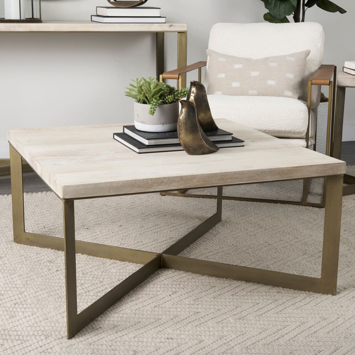 Faye Coffee Table Light Brown Wood | Gold Metal - coffee-tables