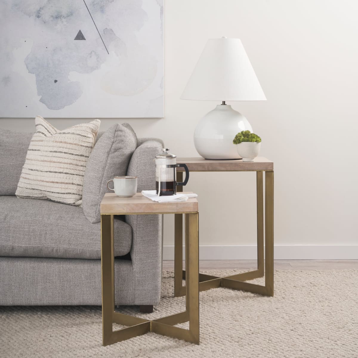Faye (Set of 2) End Side Table Light Brown Wood | Gold Metal | Set of 2 - end-and-side-tables