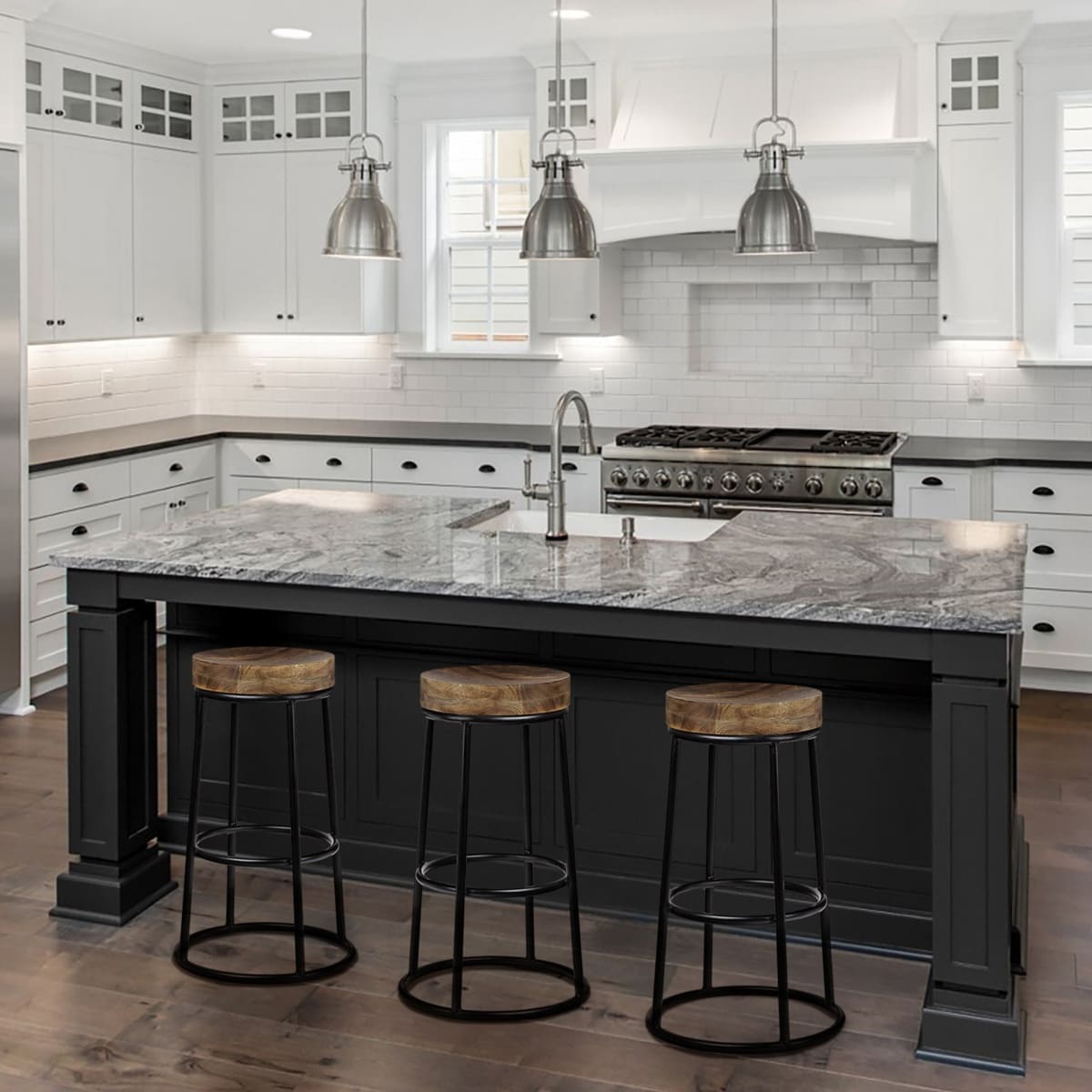 Flynn Bar Wood Seat Stool Series Brown Wood | Black Metal - bar-stools