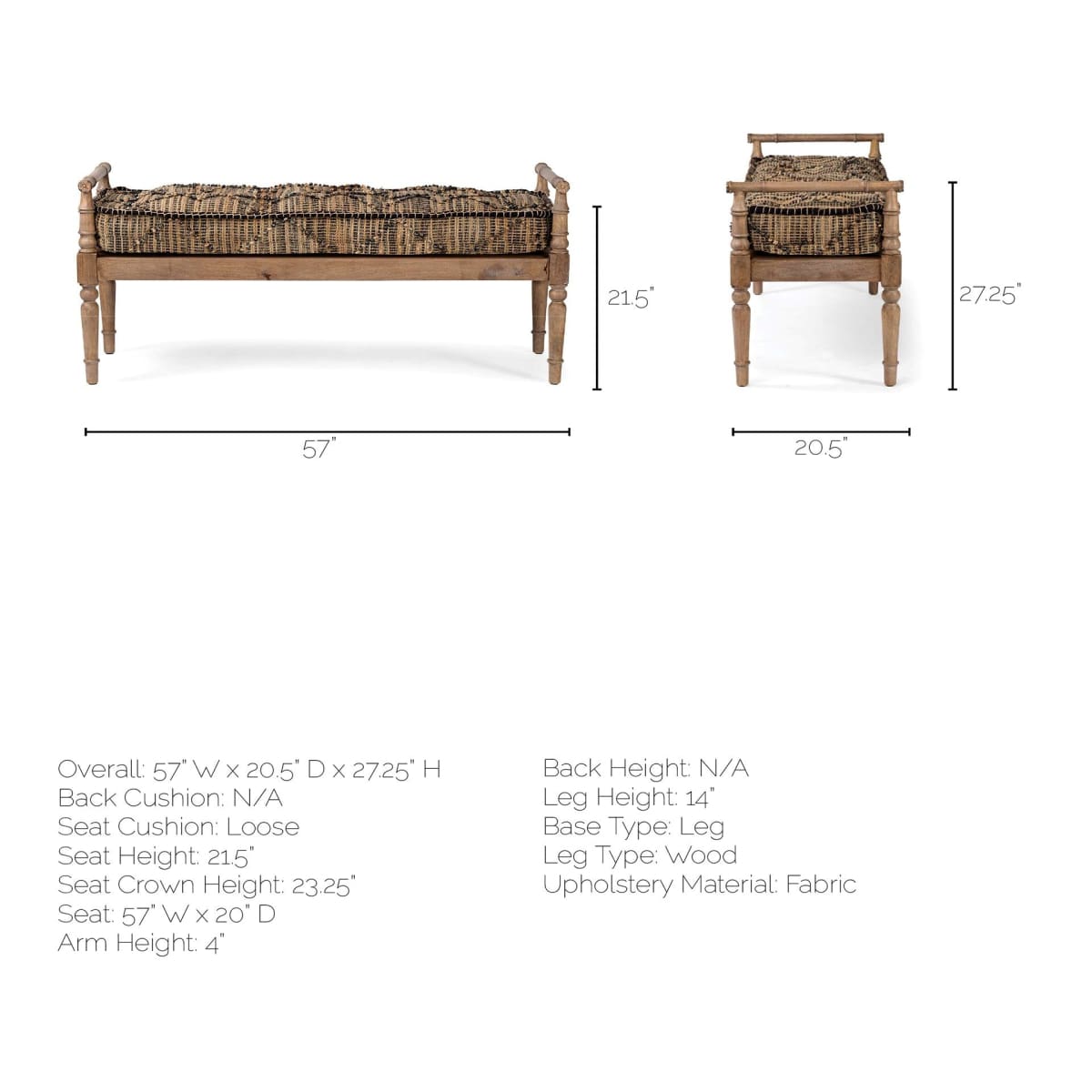 Fullerton Bench Patterned Jute | Brown Wood - benches