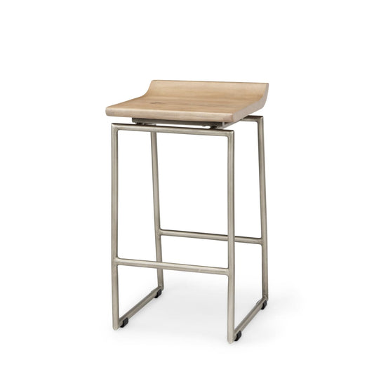 Givens Wood Seat Bar Counter Stool Brown Wood | Silver Metal | Counter - bar-stools
