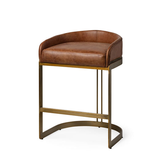Hollyfield Leather Seat Bar Counter Stool Brown Leather | Gold Metal | Counter - bar-stools