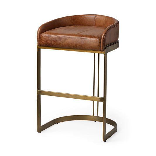 Hollyfield Leather Seat Bar Counter Stool Brown Leather | Gold Metal | Bar - bar-stools