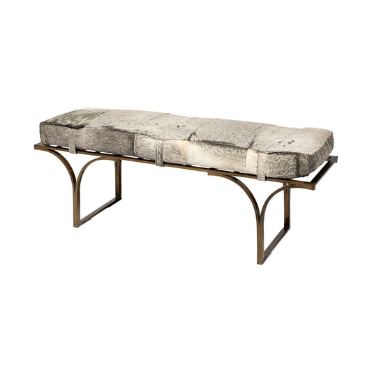Jessie Bench White/Gray Hair-On-Hide | Gold Metal - benches
