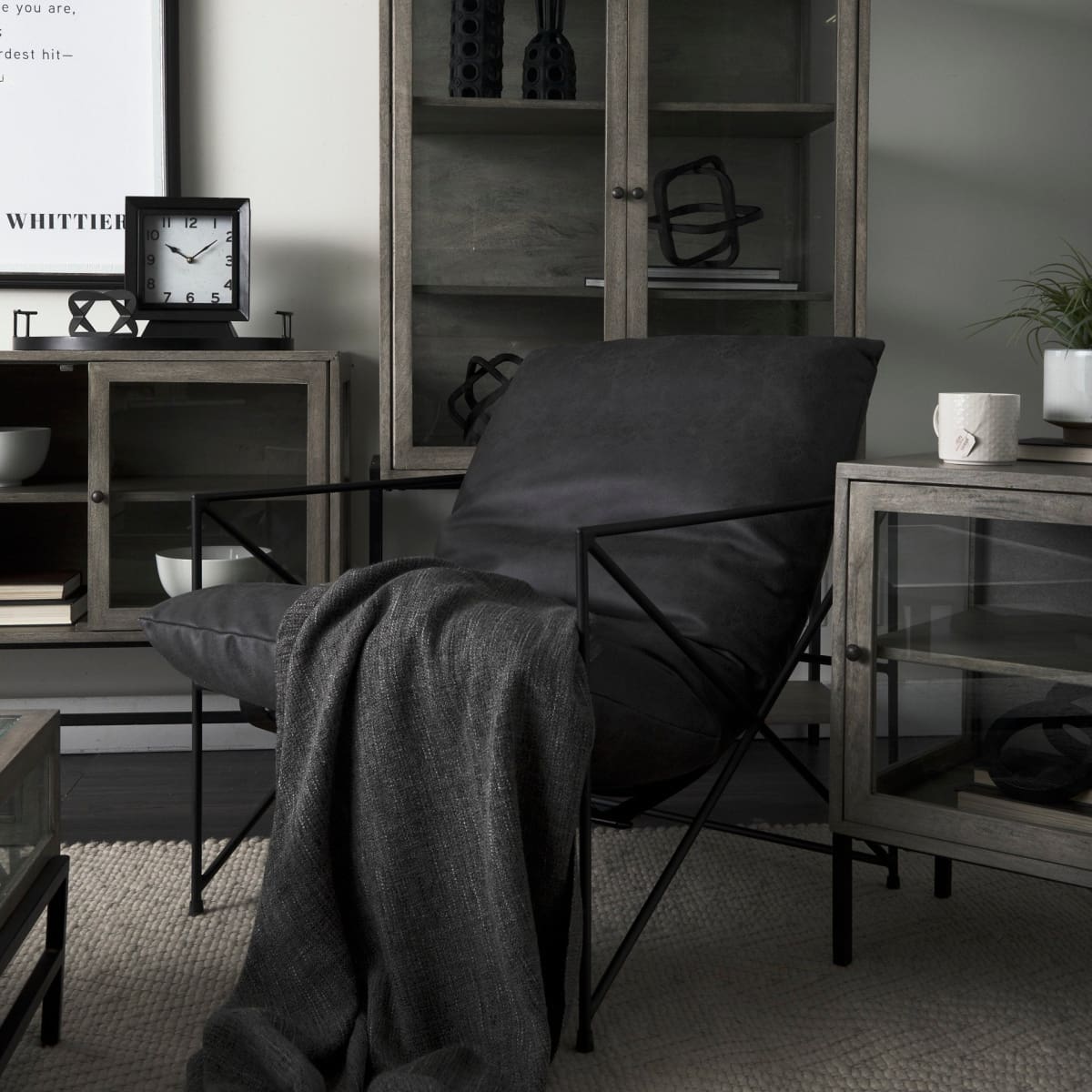 Leonidas Leather Accent Chair Black Faux Leather | Black Metal - accent-chairs