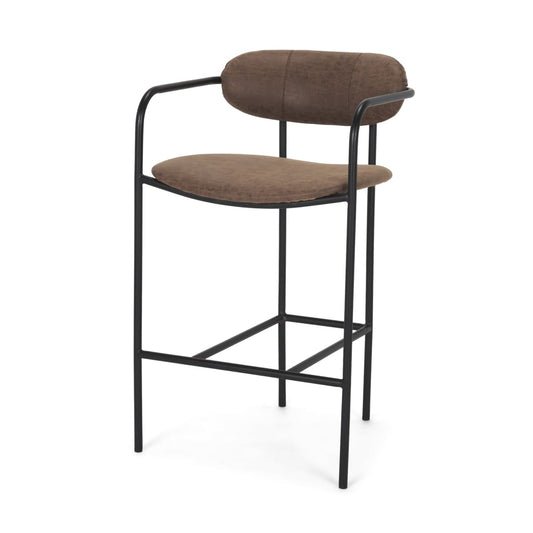 Parker Leather Seat Bar Counter Stool Black Metal | Brown Faux Leather - bar-stools