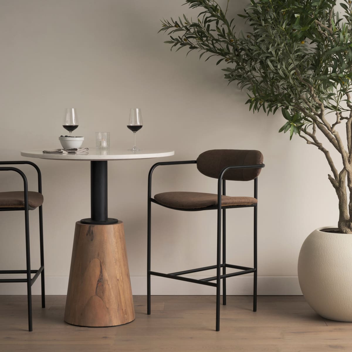 Parker Leather Seat Bar Counter Stool Black Metal | Brown Faux Leather - bar-stools