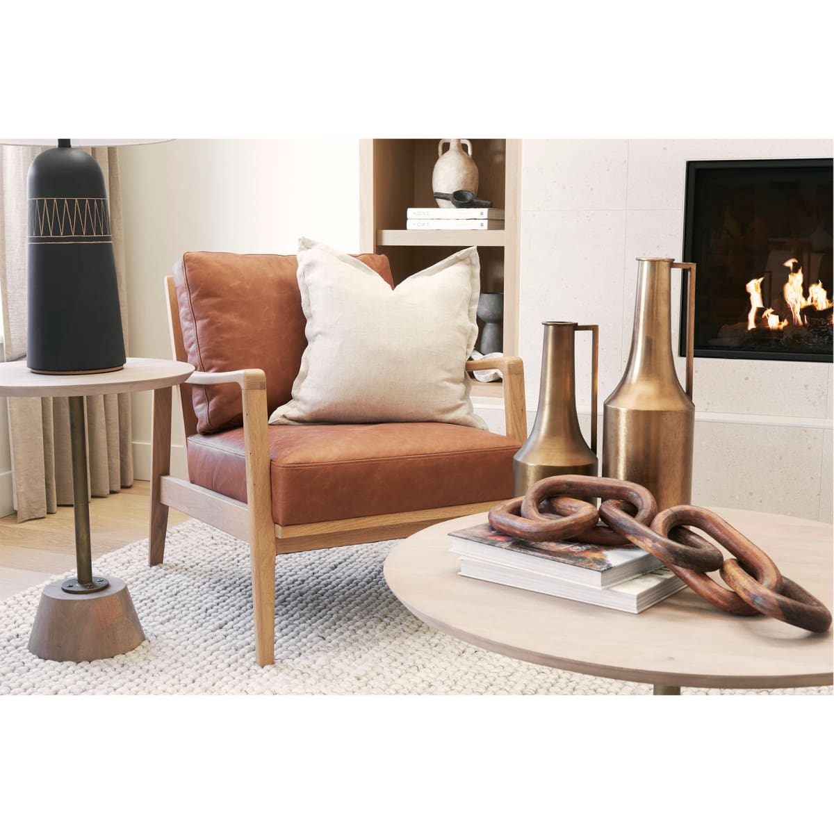 Raeleigh Leather Accent Chair Light Cognac Leather | Brown Wood - accent-chairs