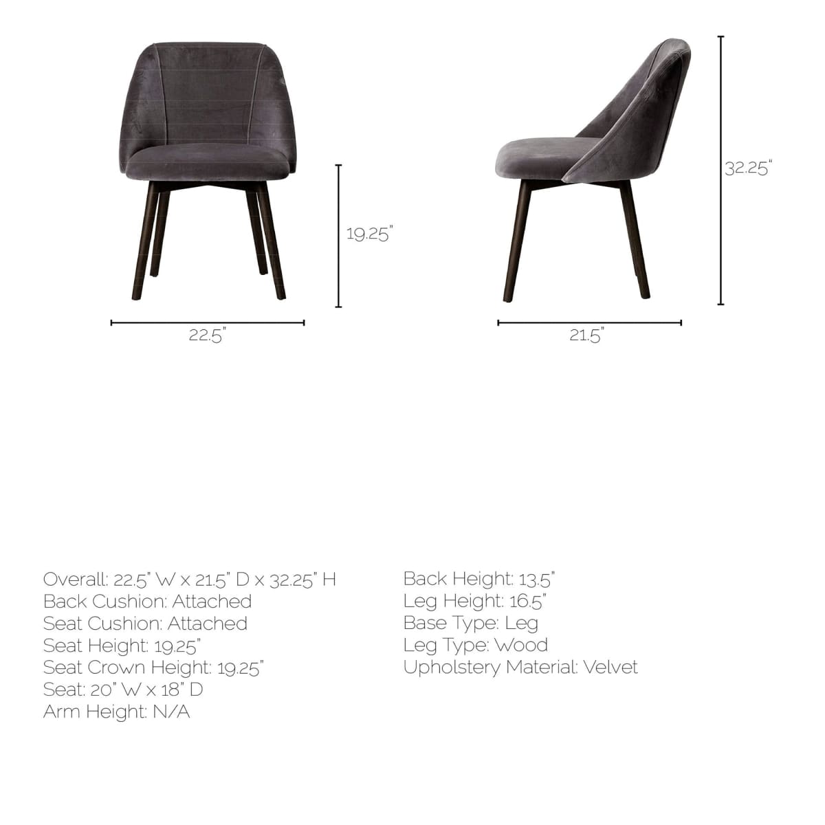 Ronald Dining Chair Gray Velvet | Black Wood (Side Chair) - dining-chairs