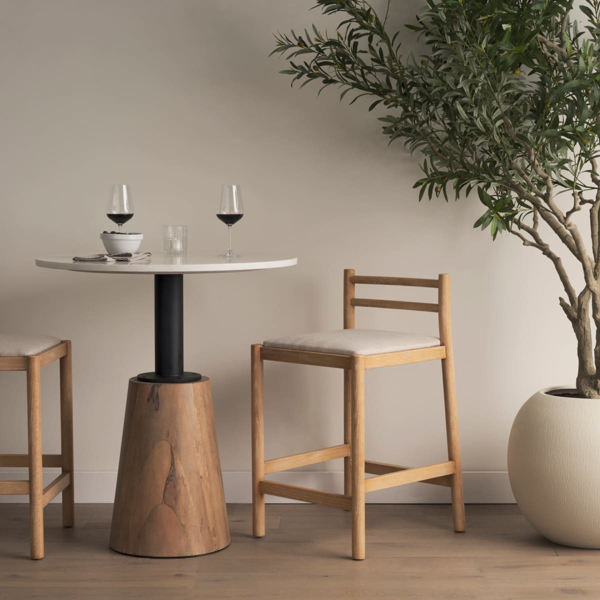 Sam Upholstered Seat Counter Stool Light Brown Wood | Beige Fabric - bar-stools