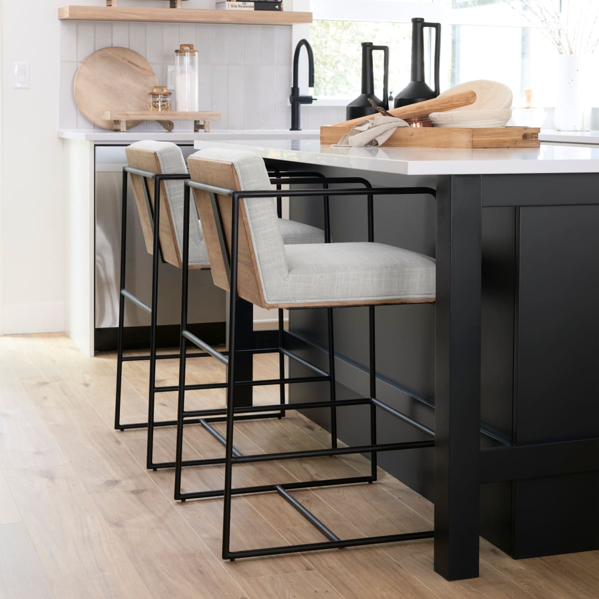 Stamford Upholstered Seat Bar Counter Stool Beige Fabric | Black Metal | Counter - bar-stools
