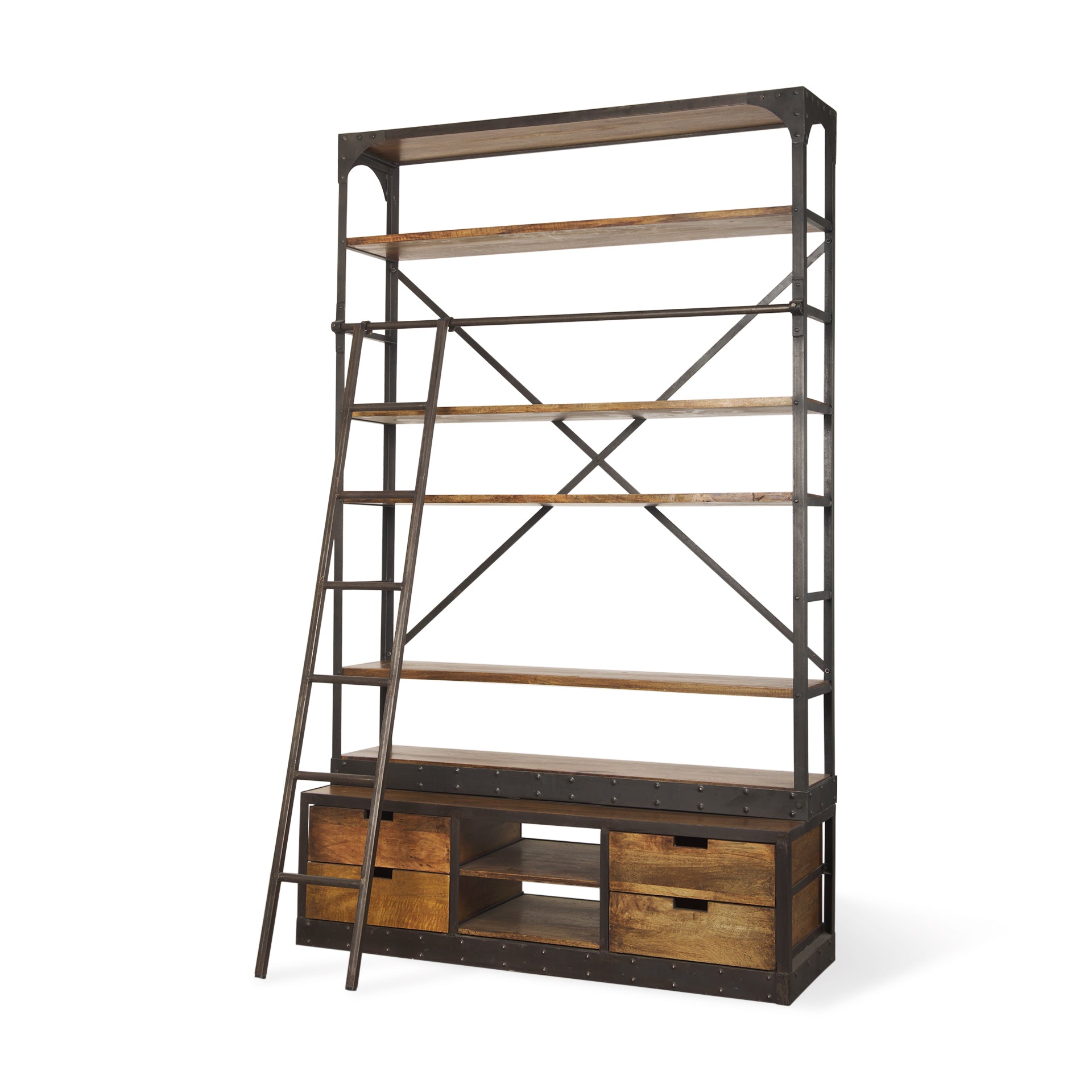 Brodie II Medium Brown Wood Black Ladder Four Shelf Shelving Unit 57L x 20.5W x94H