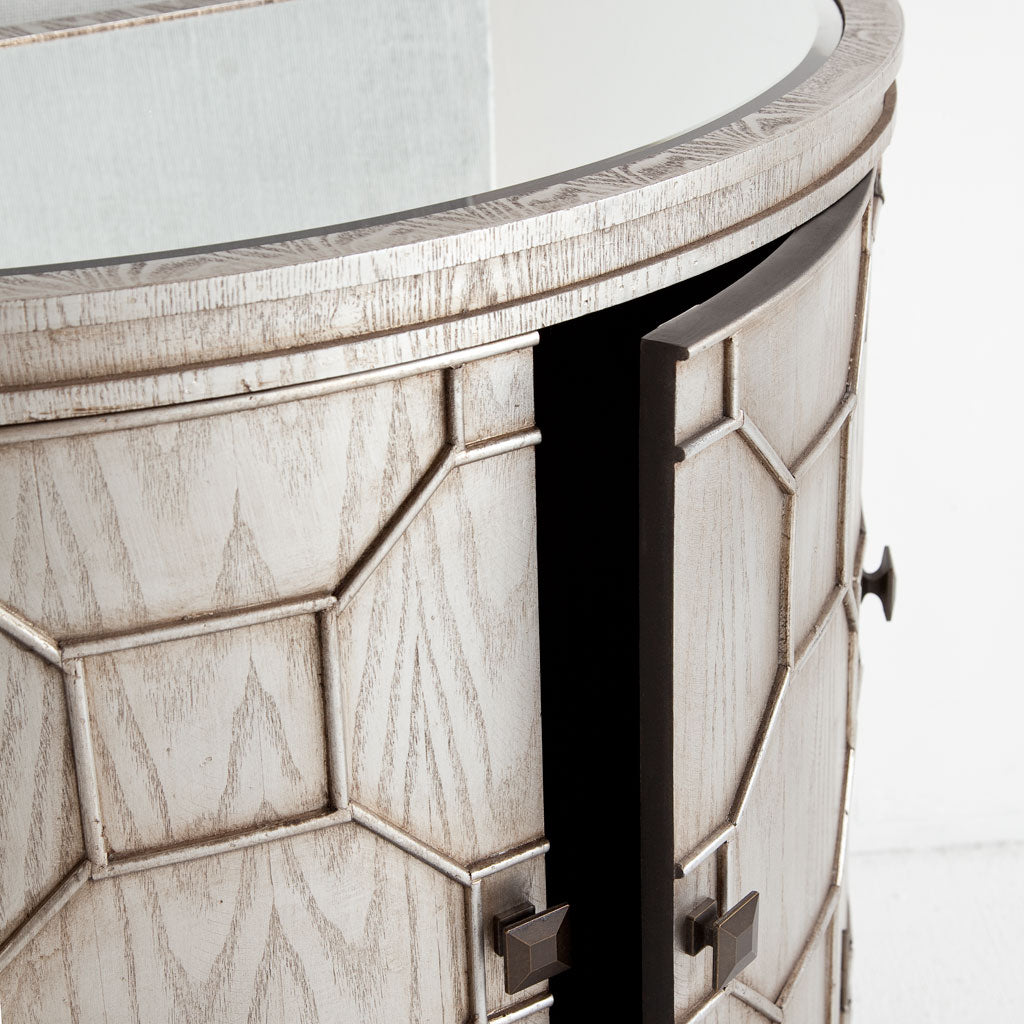 Oppsola 40L x 18W Silver Fir Veneer Mirror Top 4 Door Accent Cabinet
