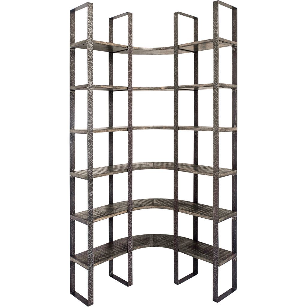 Turner I 37L x 10.5W x 90H Curved Brown Wood and Black Iron Six Shelving Unit