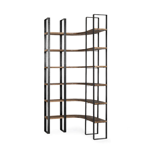 Turner II 37L x 10.5W x 90H Curved Dark Brown Wood And Black Iron Six Shelving Unit
