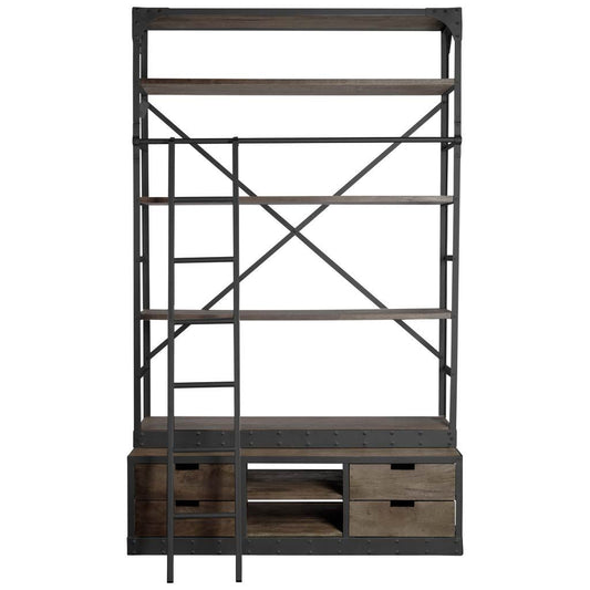 Brodie VIII 57L x 20.5W x 94H Brown Wood Gun-Metal Ladder Four Shelf Shelving Unit