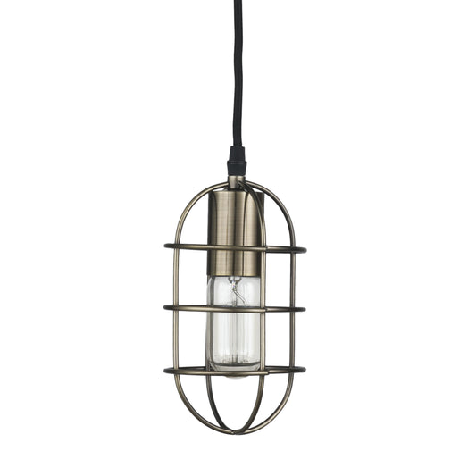 Hines I 4x8 Antiqued-Brass Metal Cage Pendant Light