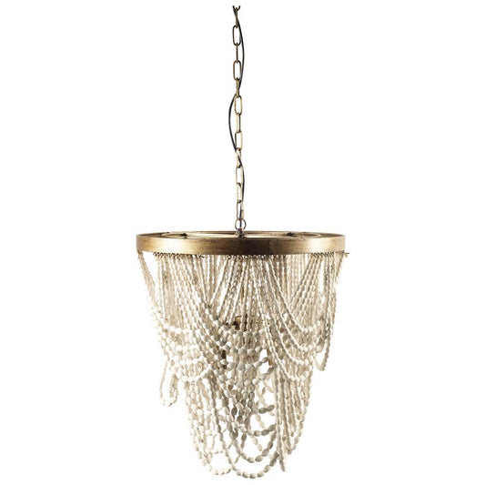 Pendra (26"x23") Gold Metal Whitewashed Wooden Bead Three Bulb Chandelier