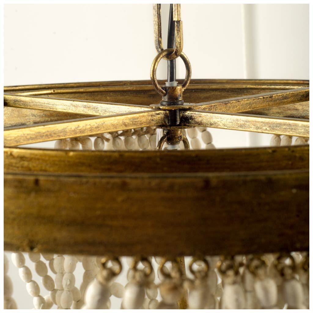 Pendra (26"x23") Gold Metal Whitewashed Wooden Bead Three Bulb Chandelier