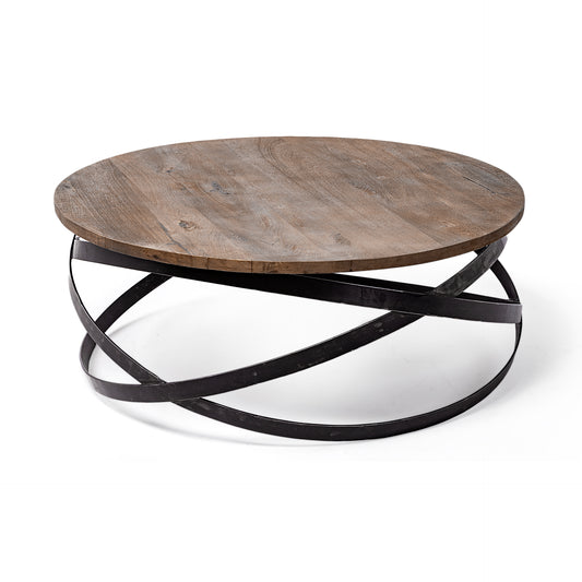 Triumph 40" Round Brown Solid Wood Top Black Metal Base Coffee Table