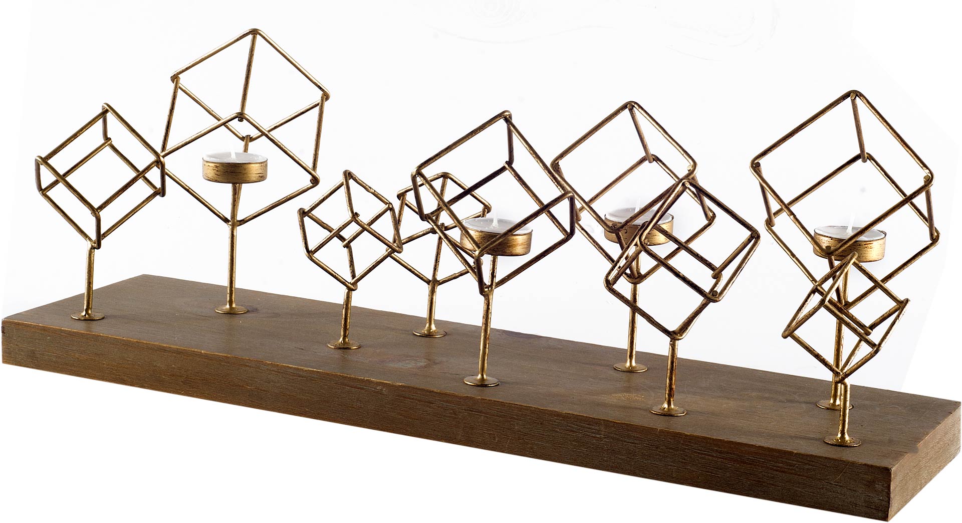 Salvador II Wood Base Brass Cube Tea Light Table Candle Holder