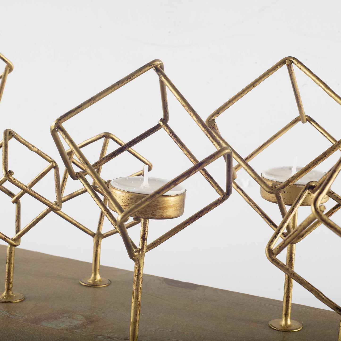 Salvador II Wood Base Brass Cube Tea Light Table Candle Holder