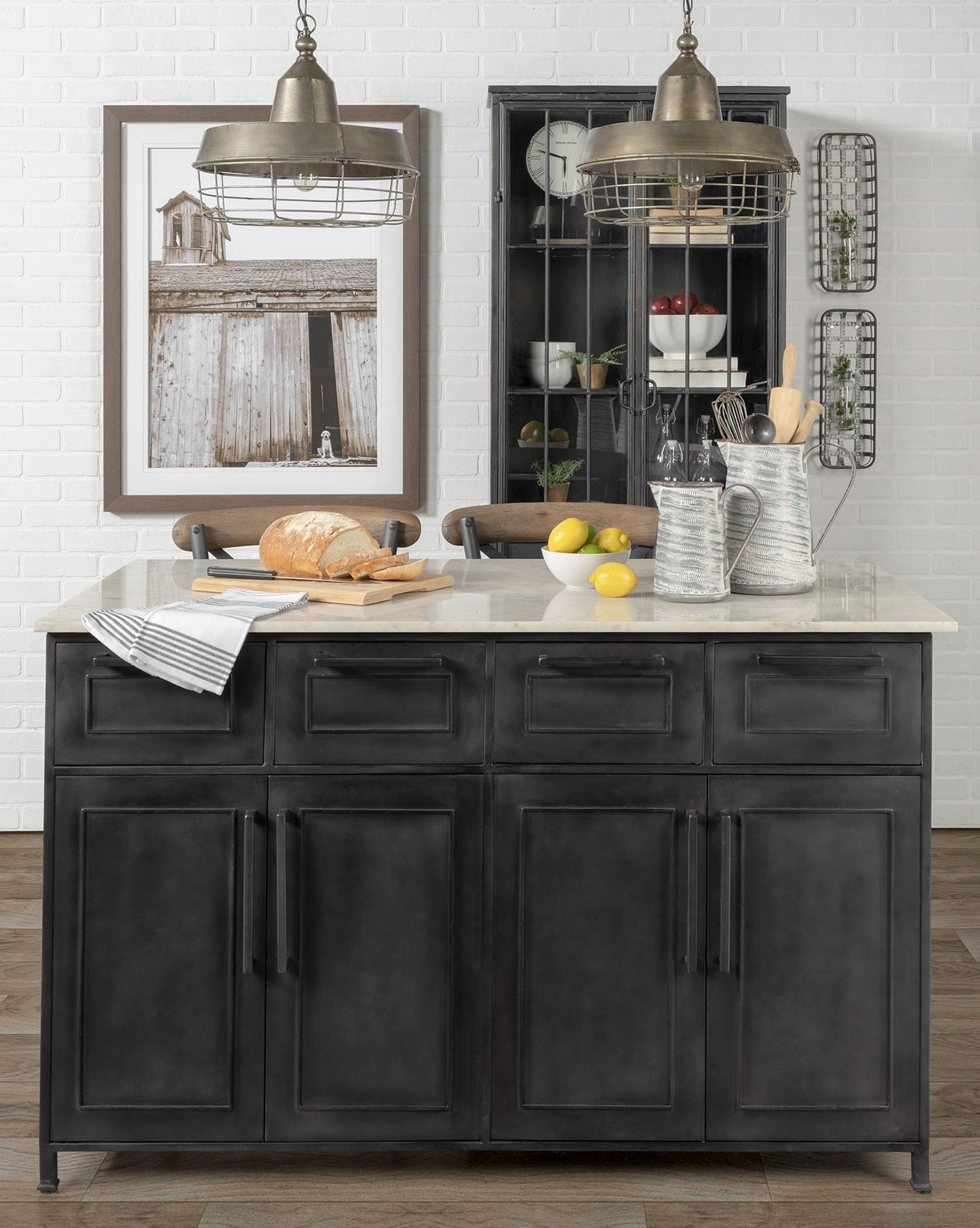 Fieri Kitchen Island Black Metal | White Marble