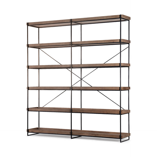 Trey IV 80L x 16W x 87.5H  Medium Brown Wood and Iron Five Tray Shelf Shelving Unit