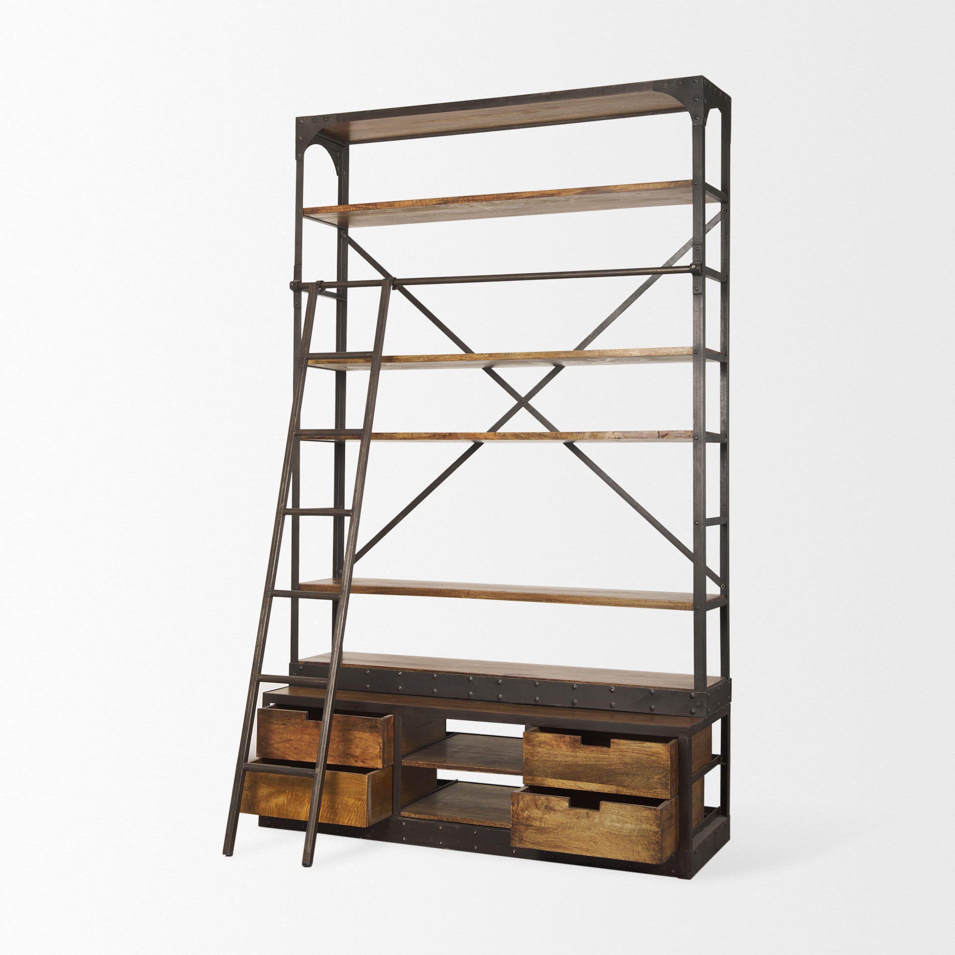 Brodie II Medium Brown Wood Black Ladder Four Shelf Shelving Unit 57L x 20.5W x94H