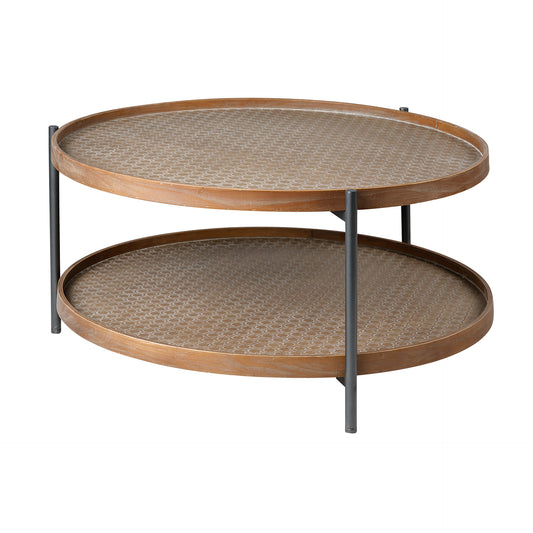 Kade 33" Round Brown Table Gray Metal Frame Two-Tier Coffee Table