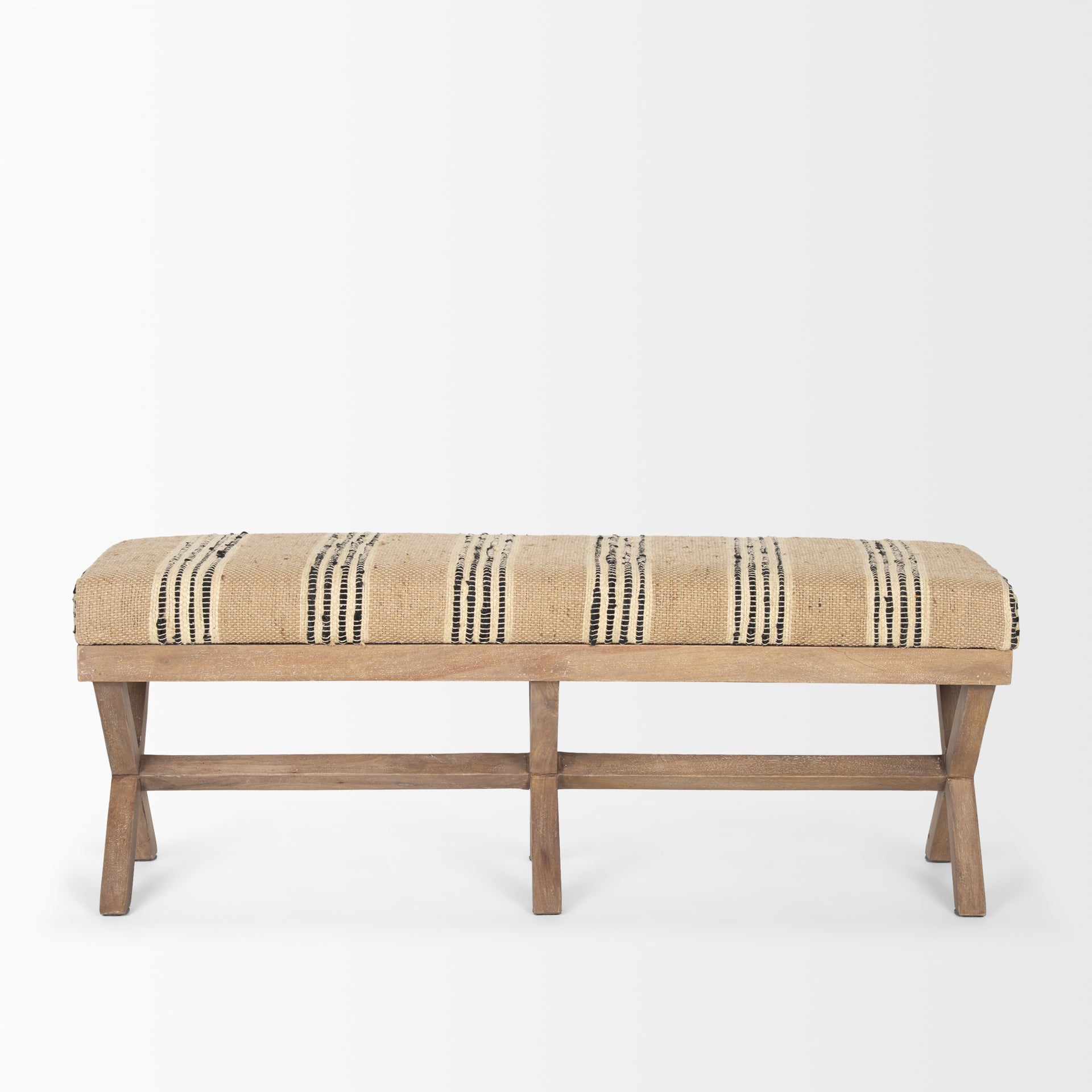Solis 50L x 16W Brown Base Upholstered Beige/Black Stripe Seat Accent Bench