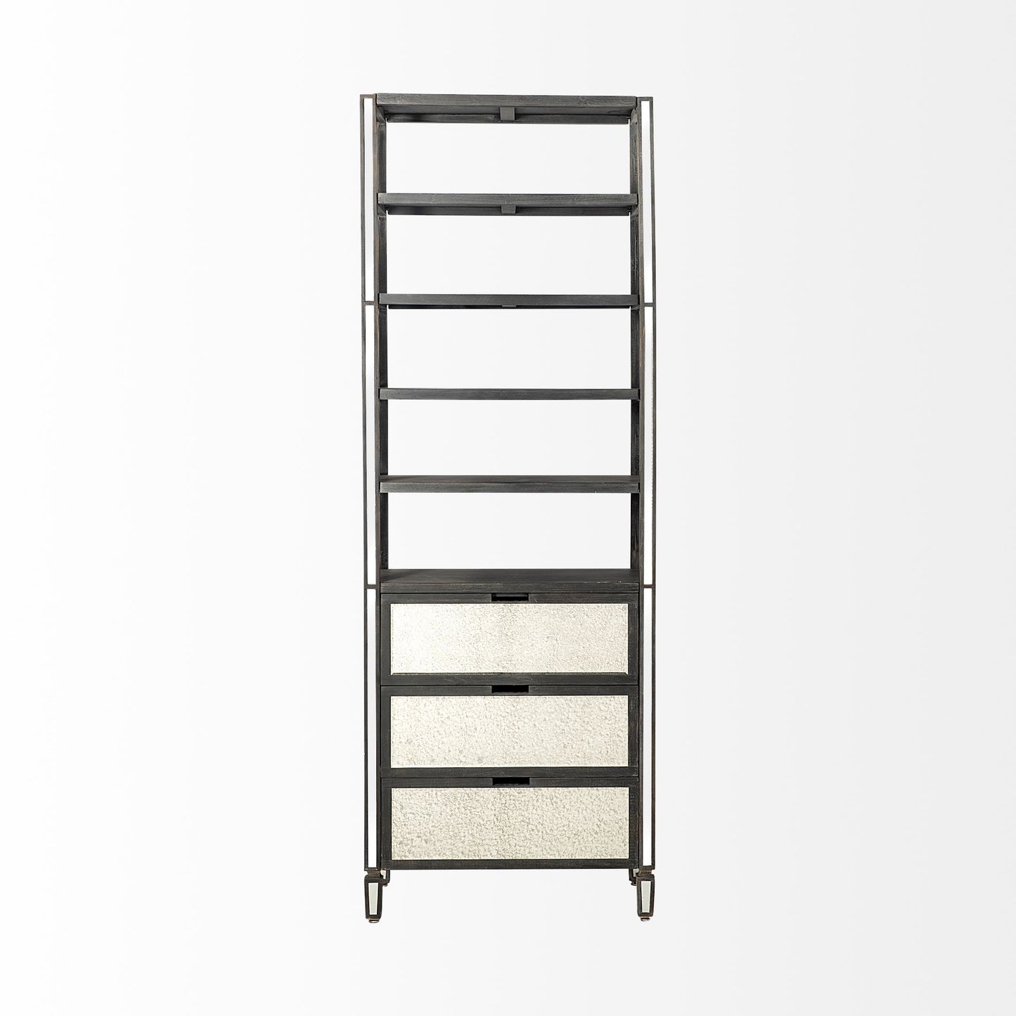 Sunnyvale 32L x 18W x 90H Dark Brown Solid Wood and Mirrored Glass Four Shelf Shelving Unit