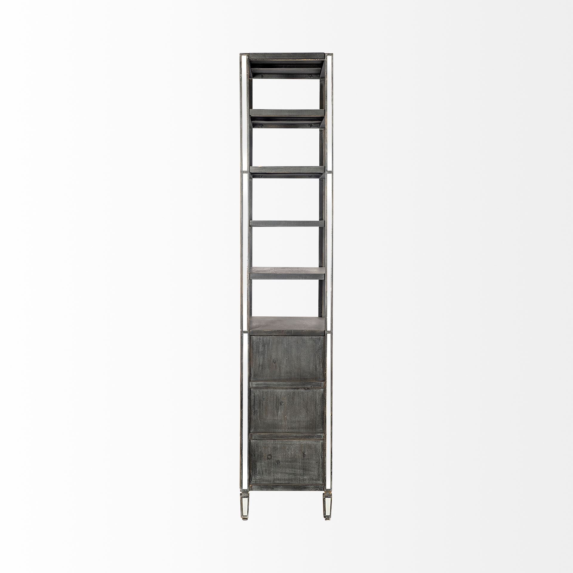 Sunnyvale 32L x 18W x 90H Dark Brown Solid Wood and Mirrored Glass Four Shelf Shelving Unit