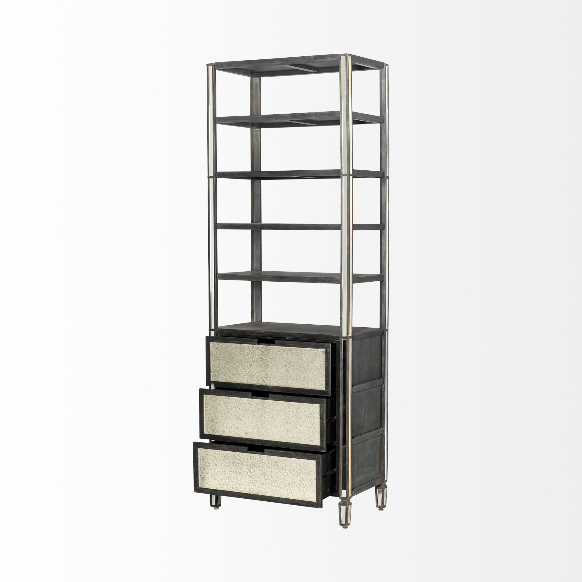 Sunnyvale 32L x 18W x 90H Dark Brown Solid Wood and Mirrored Glass Four Shelf Shelving Unit