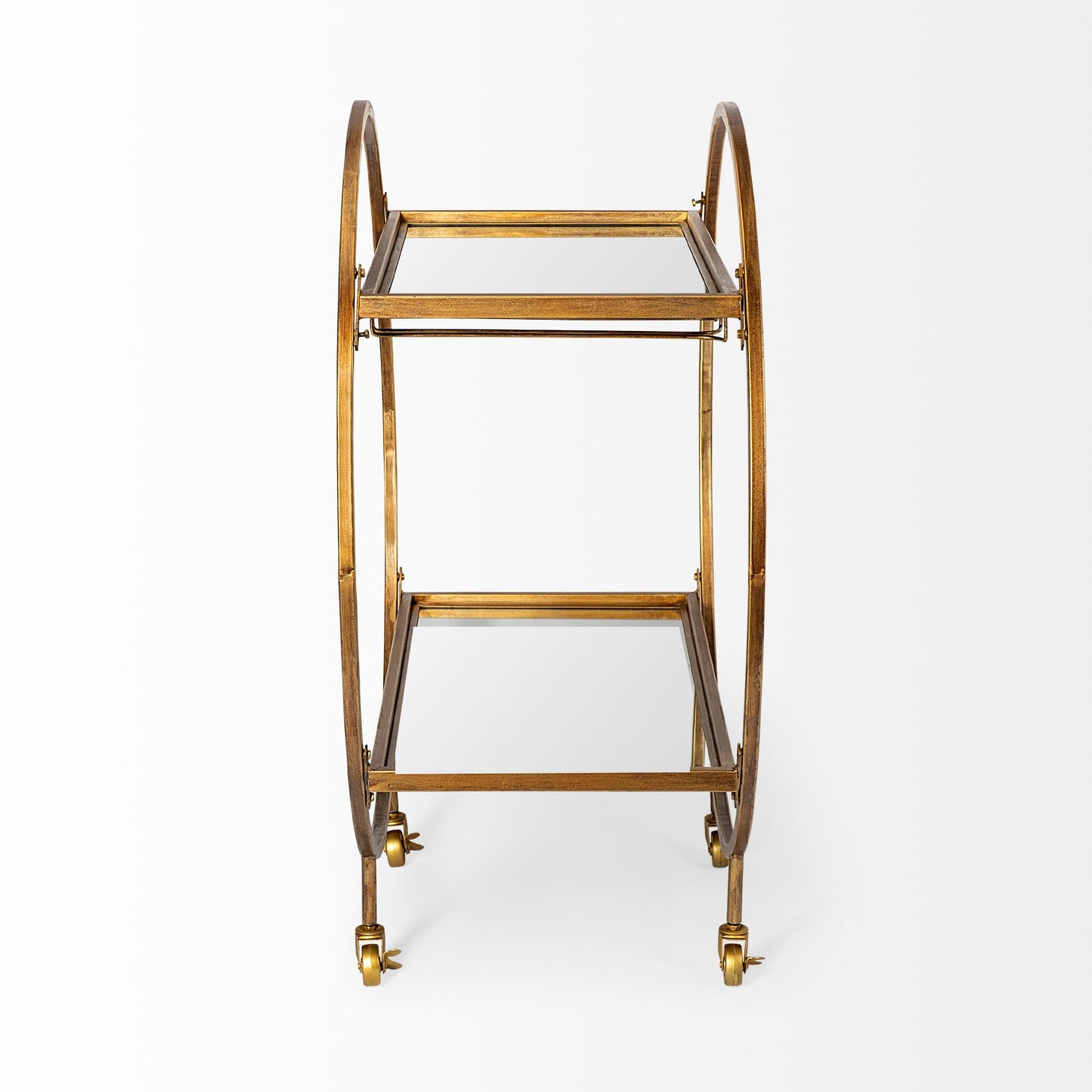 Carola Gold Frame Two-Tier Glass Shelves w/Stemware Holder Bar Cart