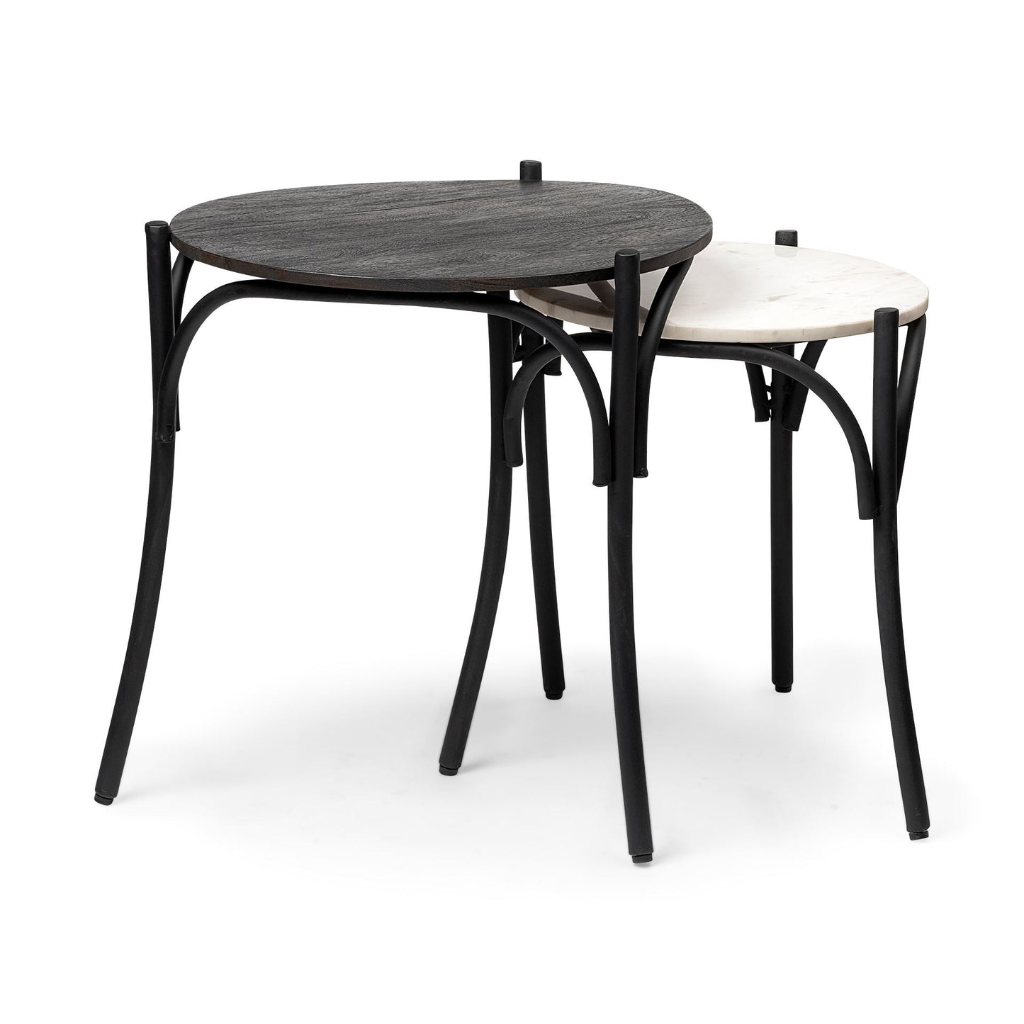 Etienne VII 24" Set of Two Round Top Black Wood and Marble Top Nesting Table