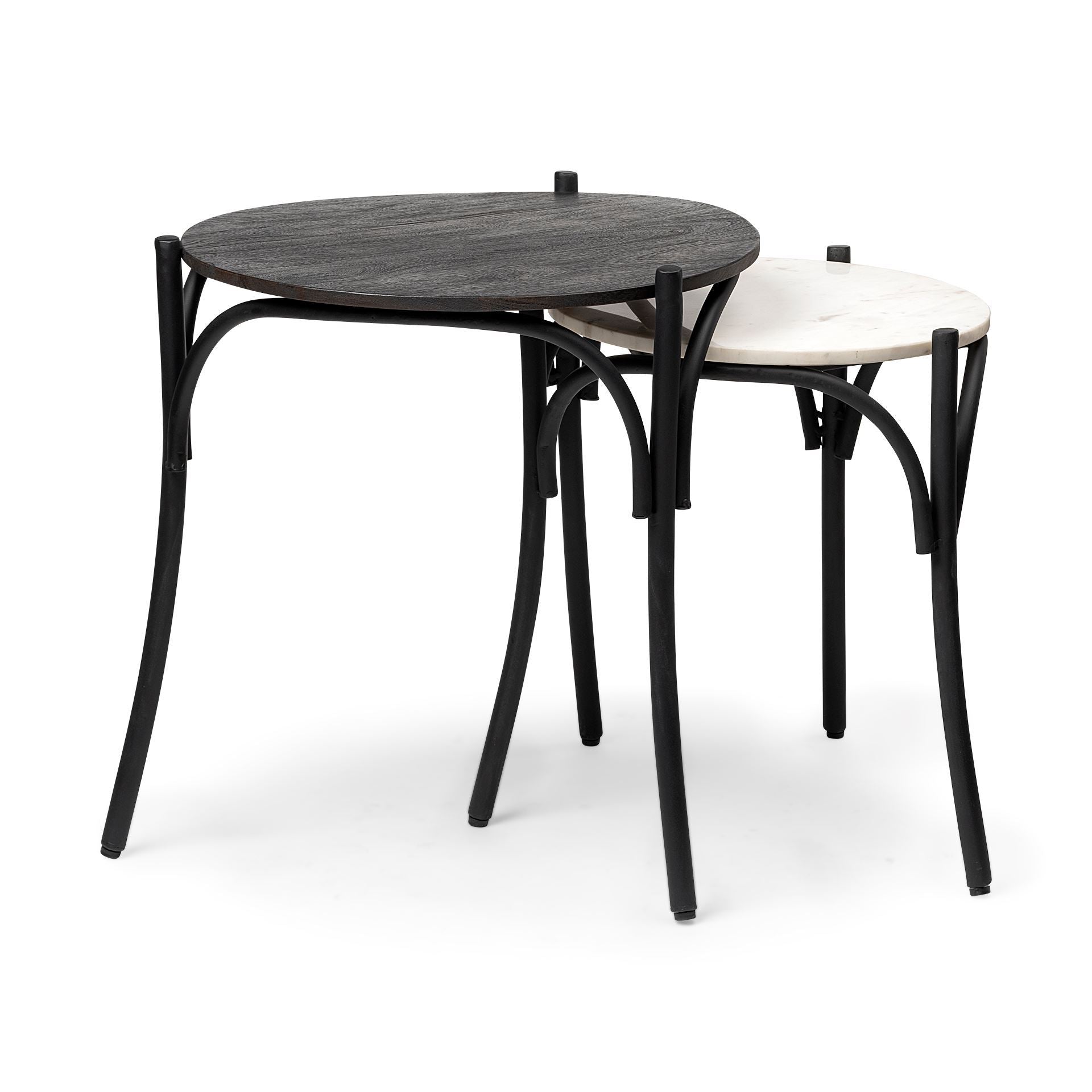 Etienne VII 24" Set of Two Round Top Black Wood and Marble Top Nesting Table