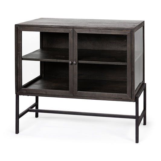 Arelius  36L x 18W Black-Brown Wood, Black Metal Base w/ 2 Glass Doors Accent Cabinet
