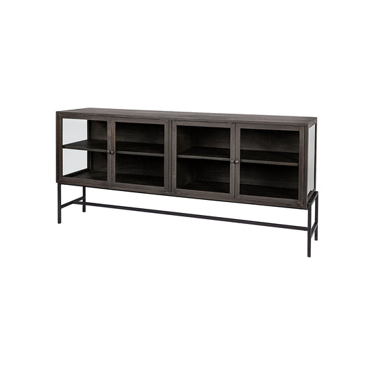 Arelius 70L x 18.75W x 32H Black-Brown Wood, Black Metal Base w/ 4 Glass Cabinet Doors Sideboard